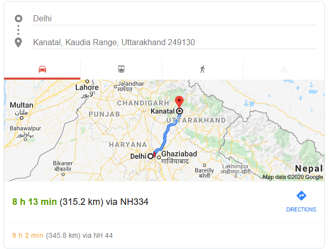Delhi Kanatal distance