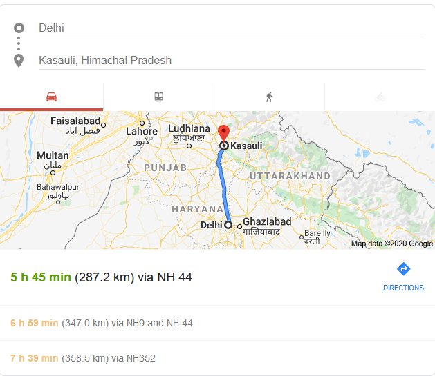 Delhi Kasauli distance