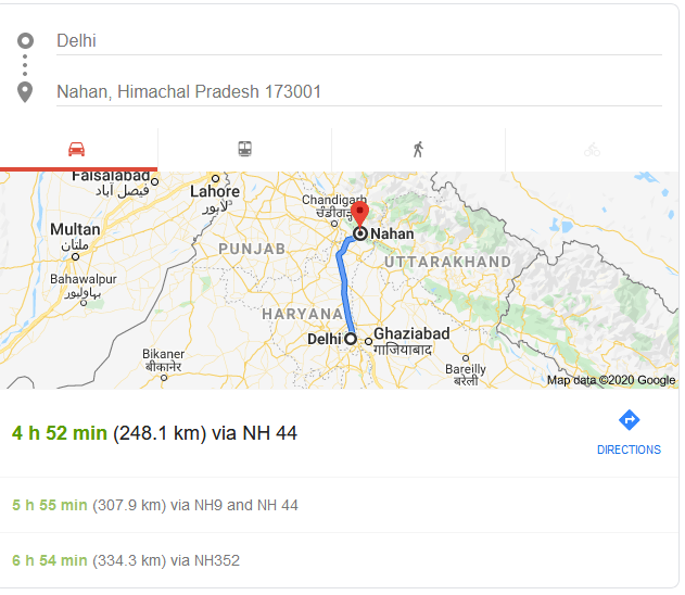 Delhi Nahan Distance