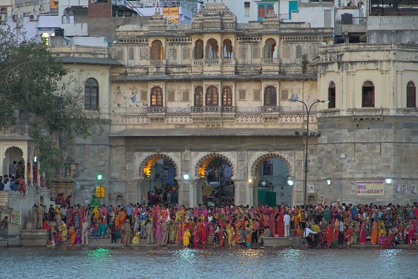 peoples celebrate gangaur festival near lake